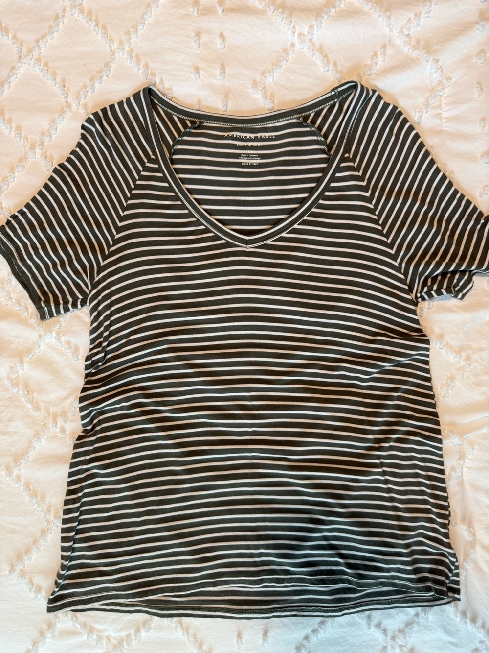 Striped V-Neck Women's Top - Green & White